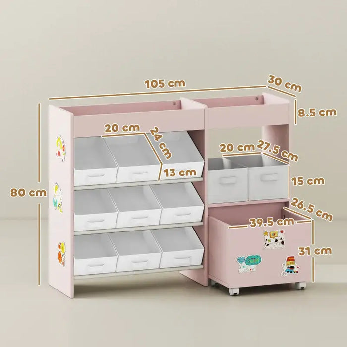 Kids Toy Storage Unit – Pink and White | 11 Fabric Bins, Cabinet and Stickers AIYAPLAY - Little and Giant Explorers AIYAPLAY