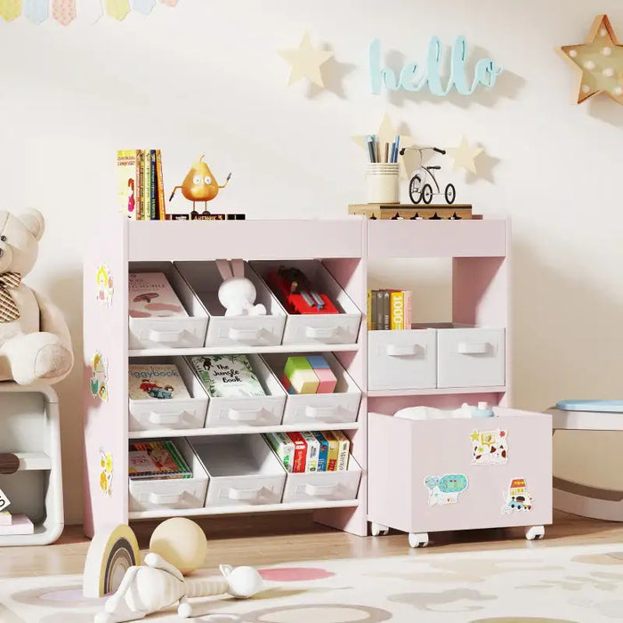 Kids Toy Storage Unit – Pink and White | 11 Fabric Bins, Cabinet and Stickers AIYAPLAY - Little and Giant Explorers AIYAPLAY