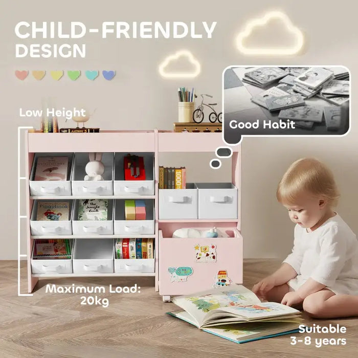 Kids Toy Storage Unit – Pink and White | 11 Fabric Bins, Cabinet and Stickers AIYAPLAY - Little and Giant Explorers AIYAPLAY