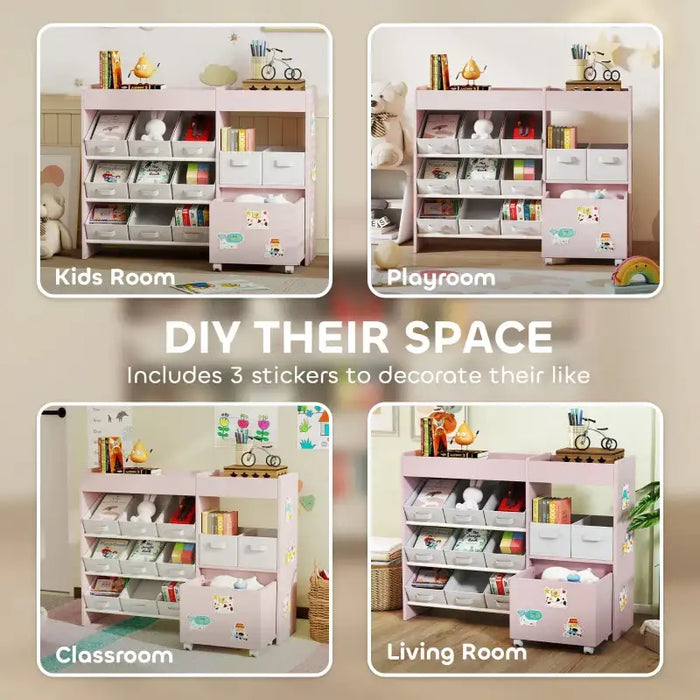 Kids Toy Storage Unit – Pink and White | 11 Fabric Bins, Cabinet and Stickers AIYAPLAY - Little and Giant Explorers AIYAPLAY