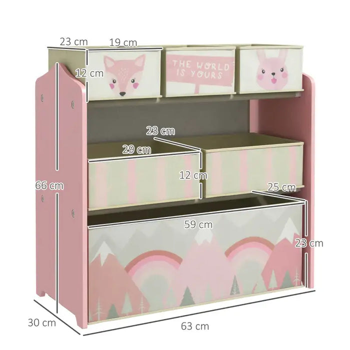 Kids Toy Storage Unit – Pink | 3-Tier Organiser with 6 Bins and MDF Construction ZONEKIZ - Little and Giant Explorers ZONEKIZ