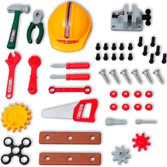 Kids toy workbench construction tool set with plastic hammer, saw, helmet, and accessories.