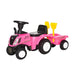 Kids pink ride-on tractor toy with trailer and yellow shovel attachment