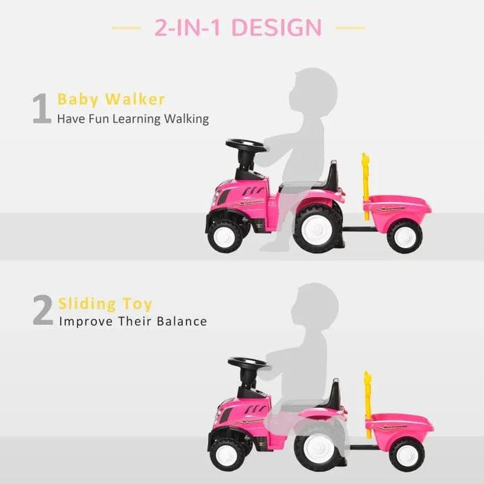 Pink kids 2-in-1 ride-on tractor walker and stroller with cargo box for toddlers.