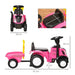 Pink kids ride-on tractor with trailer, horn, headlights, and detailed size dimensions shown.