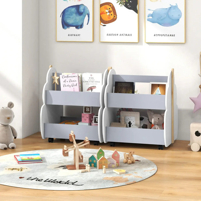 Kids Tree-Shaped Bookshelf – Grey | Double-Sided Storage and Wheels COSTWAY - Little and Giant Explorers Costway