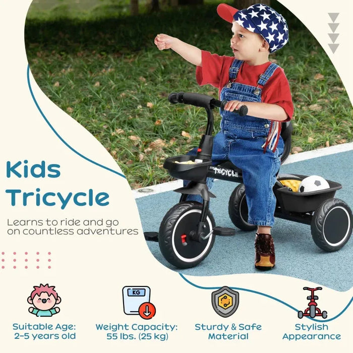 Kids Trike with Adjustable Seat, Pedals and Baskets in Black - Little and Giant Explorers AIYAPLAY