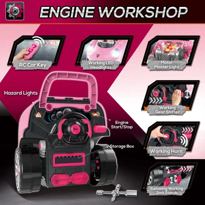 Kids Truck Engine Toy Set, with Horn, Light and Car Key in Pink - Little and Giant Explorers HOMCOM