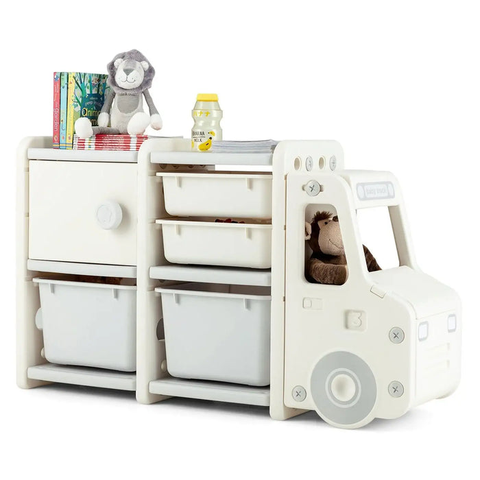 Kids Truck Storage Organiser - Beige | Toy Cabinet with Bins, Drawers and Front Storage COSTWAY - Little and Giant Explorers Costway