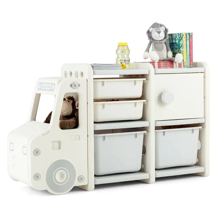 Kids Truck Storage Organiser - Beige | Toy Cabinet with Bins, Drawers and Front Storage COSTWAY - Little and Giant Explorers Costway