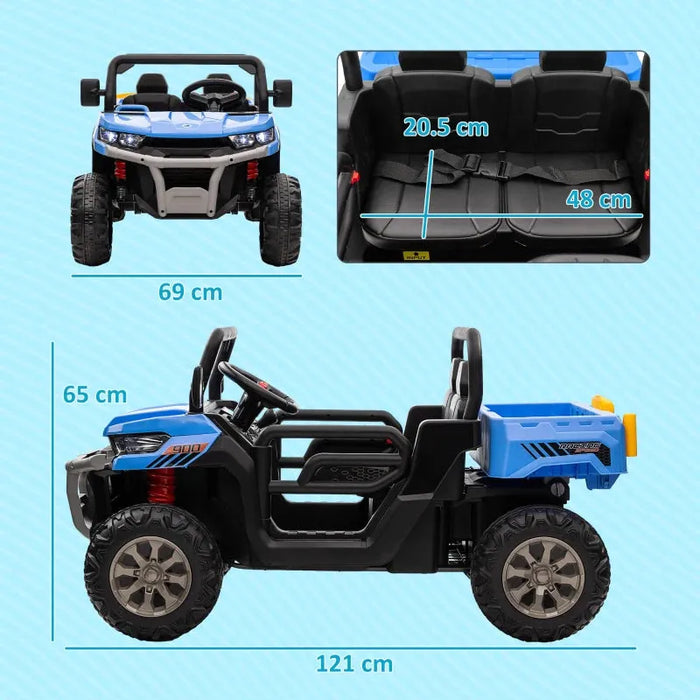 Two-Seater Kids Electric Ride-On UTV with Electric Bucket, Music Player, Horn, Viewing Screen, Remote and LED Lights in Blue 12V - Little and Giant Explorers HOMCOM