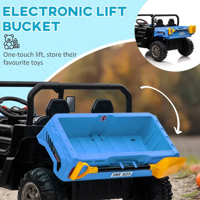 Two-Seater Kids Electric Ride-On UTV with Electric Bucket, Music Player, Horn, Viewing Screen, Remote and LED Lights in Blue 12V - Little and Giant Explorers HOMCOM