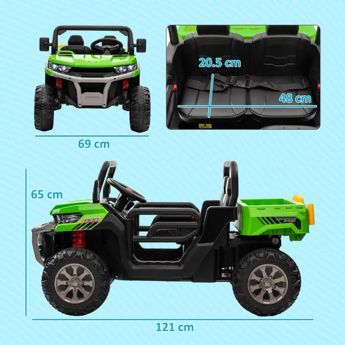 Kids Two-Seater Electric Ride-On UTV with Electric Bucket, Music Player, Horn, Viewing Screen, Remote and LED Lights in Green 12V - Little and Giant Explorers HOMCOM