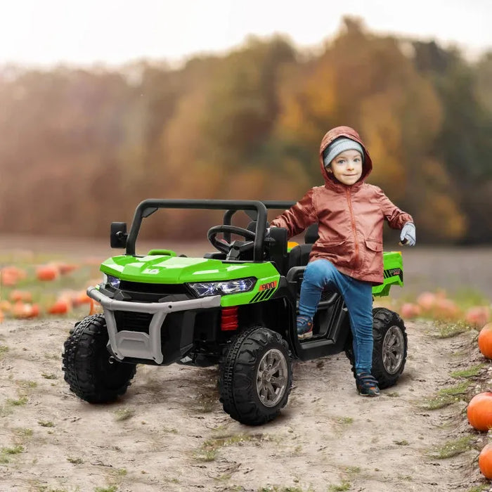 Kids Two-Seater Electric Ride-On UTV with Electric Bucket, Music Player, Horn, Viewing Screen, Remote and LED Lights in Green 12V - Little and Giant Explorers HOMCOM