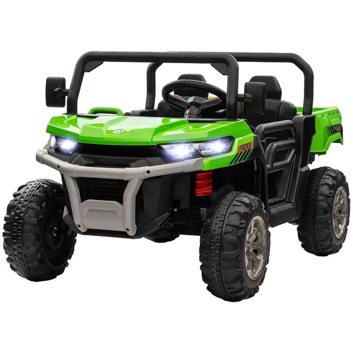 Kids Two-Seater Electric Ride-On UTV with Electric Bucket, Music Player, Horn, Viewing Screen, Remote and LED Lights in Green 12V - Little and Giant Explorers HOMCOM