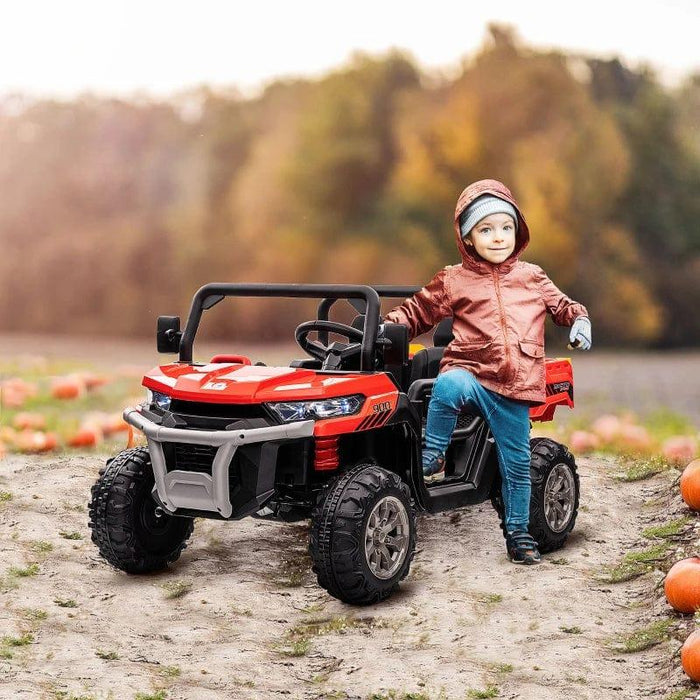 Two-Seater Kids Electric Ride-On UTV with Electric Bucket, Music Player, Horn, Viewing Screen, Remote and LED Lights in Red 12V - Little and Giant Explorers HOMCOM