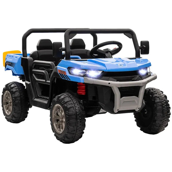 Two-Seater Kids Electric Ride-On UTV with Electric Bucket, Music Player, Horn, Viewing Screen, Remote and LED Lights in Blue 12V - Little and Giant Explorers HOMCOM