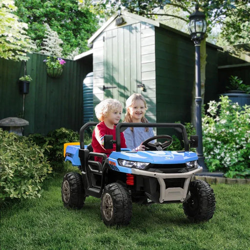 Two-Seater Kids Electric Ride-On UTV with Electric Bucket, Music Player, Horn, Viewing Screen, Remote and LED Lights in Blue 12V - Little and Giant Explorers HOMCOM