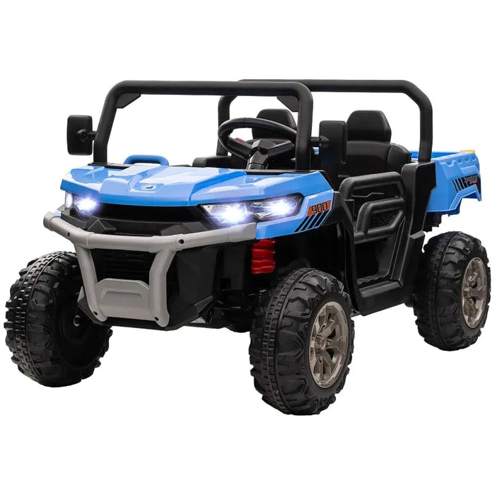 Two-Seater Kids Electric Ride-On UTV with Electric Bucket, Music Player, Horn, Viewing Screen, Remote and LED Lights in Blue 12V - Little and Giant Explorers HOMCOM