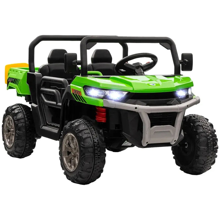 Kids Two-Seater Electric Ride-On UTV with Electric Bucket, Music Player, Horn, Viewing Screen, Remote and LED Lights in Green 12V - Little and Giant Explorers HOMCOM