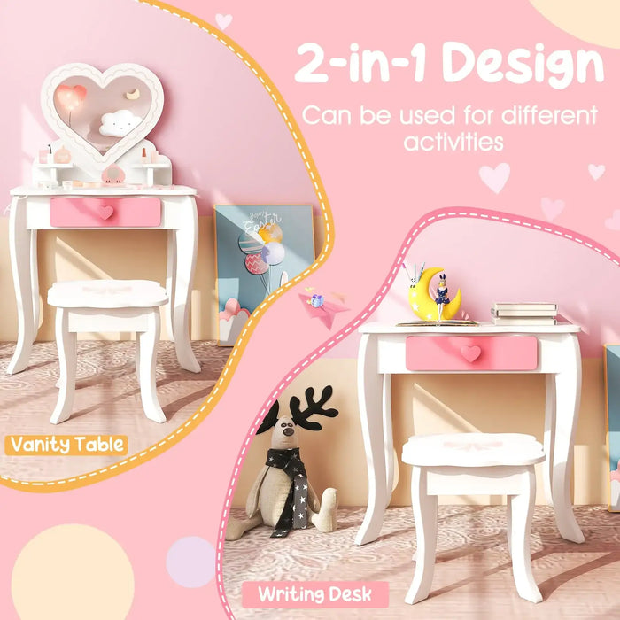 Kids Vanity Set – White and Pink | 2-in-1 Makeup Table - Heart Mirror and Accessories COSTWAY - Little and Giant Explorers Costway