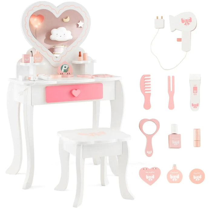 Kids Vanity Set – White and Pink | 2-in-1 Makeup Table - Heart Mirror and Accessories COSTWAY - Little and Giant Explorers Costway
