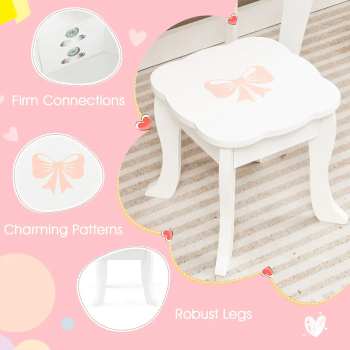 Kids Vanity Set – White and Pink | 2-in-1 Makeup Table - Heart Mirror and Accessories COSTWAY - Little and Giant Explorers Costway