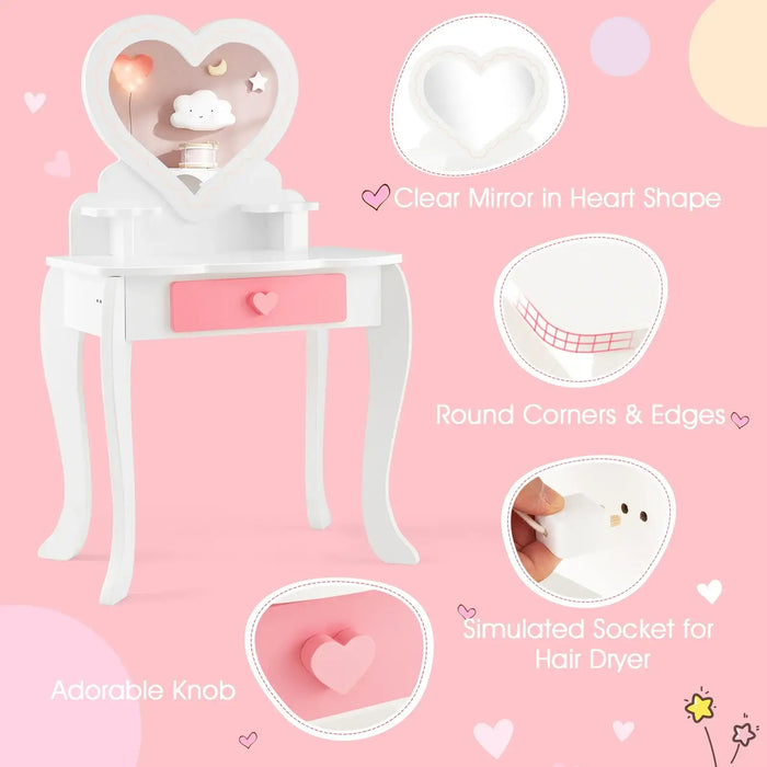 Kids Vanity Set – White and Pink | 2-in-1 Makeup Table - Heart Mirror and Accessories COSTWAY - Little and Giant Explorers Costway