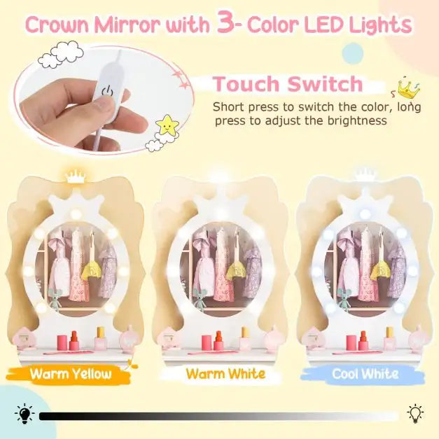 Kids Vanity Set with Lighted Mirror and Adjustable Brightness in White - Little and Giant Explorers Costway