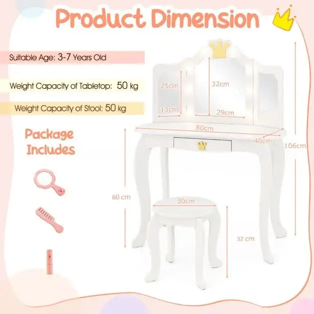 Kids Vanity Set with Lighted Mirror and Adjustable Brightness with Pull-Out Drawer in White - Little and Giant Explorers Costway