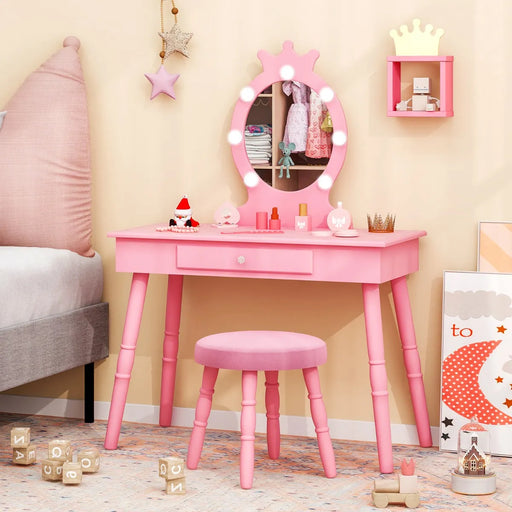 Kids Vanity Set with Lighted Mirror and Adjustable Brightness in Pink - Little and Giant Explorers Costway