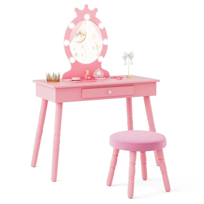 Kids Vanity Set with Lighted Mirror and Adjustable Brightness in Pink - Little and Giant Explorers Costway