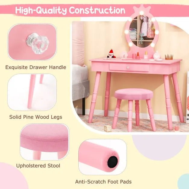 Kids Vanity Set with Lighted Mirror and Adjustable Brightness in Pink - Little and Giant Explorers Costway