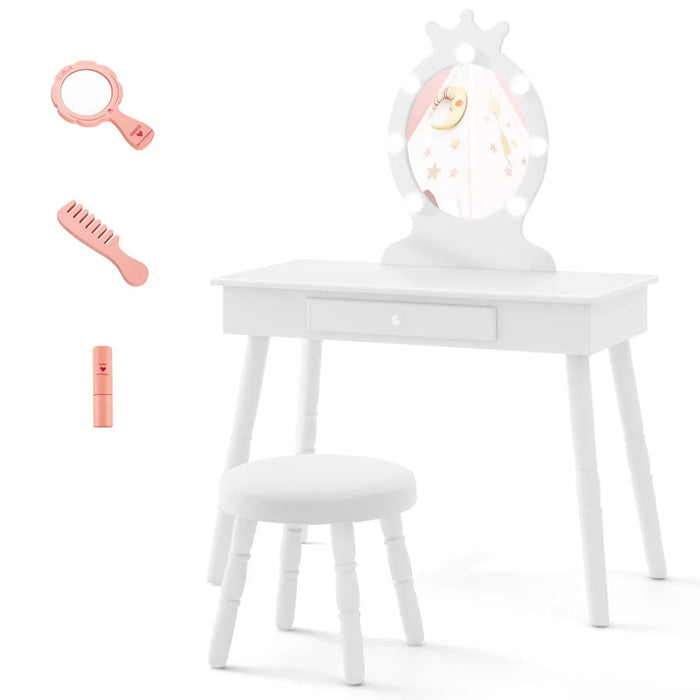 Kids Vanity Set with Lighted Mirror and Adjustable Brightness in White - Little and Giant Explorers Costway