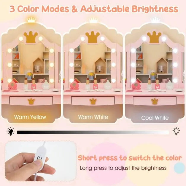 Kids Vanity Set with Lighted Mirror and Adjustable Brightness with Pull-Out Drawer in Pink - Little and Giant Explorers Costway