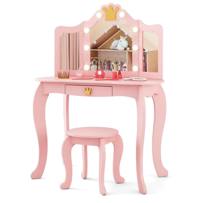 Kids Vanity Set with Lighted Mirror and Adjustable Brightness with Pull-Out Drawer in Pink - Little and Giant Explorers Costway