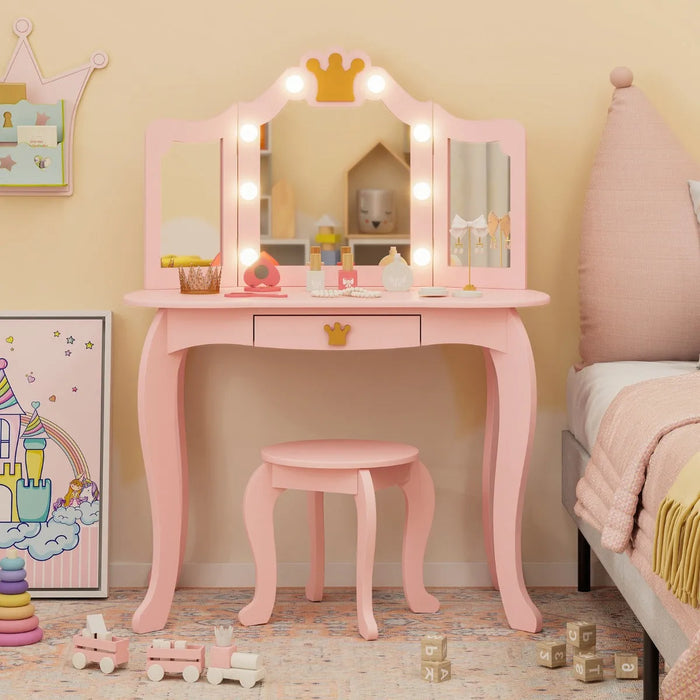 Kids Vanity Set with Lighted Mirror and Adjustable Brightness with Pull-Out Drawer in Pink - Little and Giant Explorers Costway