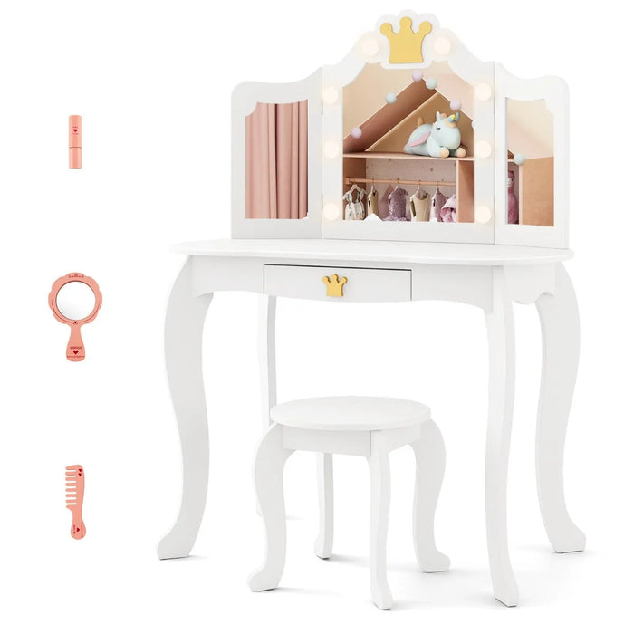 Kids Vanity Set with Lighted Mirror and Adjustable Brightness with Pull-Out Drawer in White - Little and Giant Explorers Costway