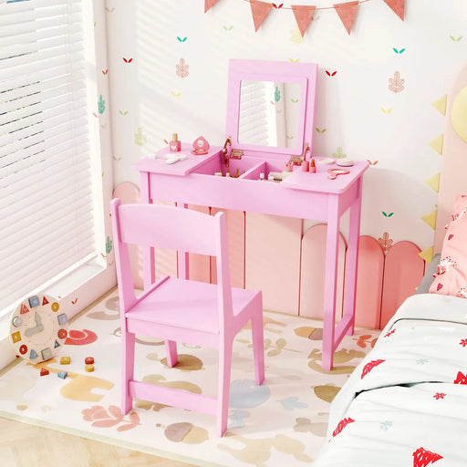 Kids Vanity Table and Chair Set – Pink | 2-in-1 Flip Mirror Desk with Storage COSTWAY - Little and Giant Explorers Costway