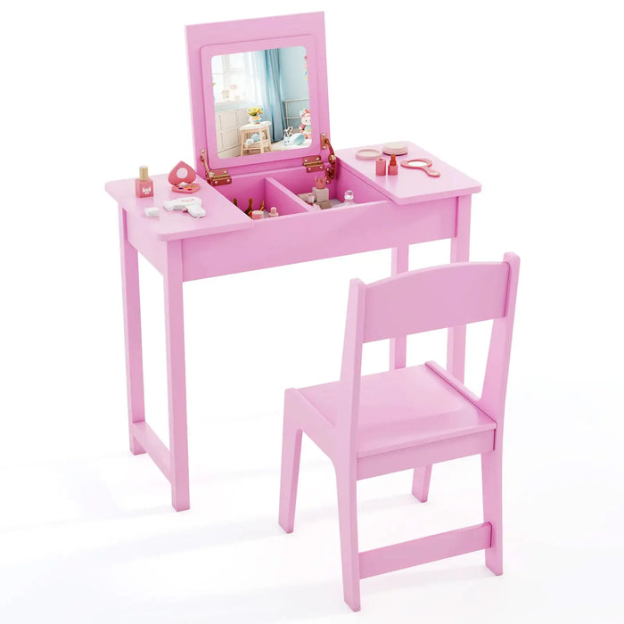 Kids Vanity Table and Chair Set – Pink | 2-in-1 Flip Mirror Desk with Storage COSTWAY - Little and Giant Explorers Costway