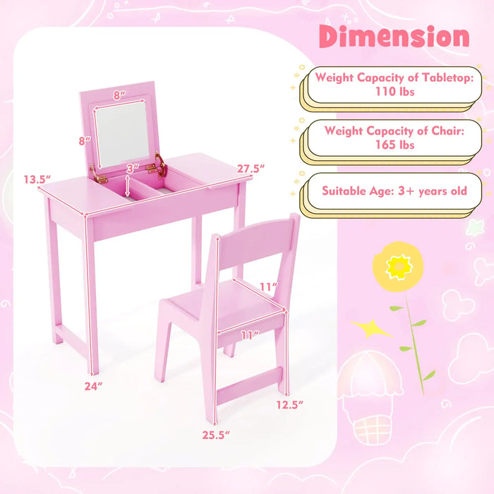 Kids Vanity Table and Chair Set – Pink | 2-in-1 Flip Mirror Desk with Storage COSTWAY - Little and Giant Explorers Costway