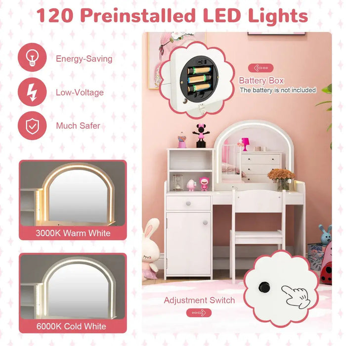 Kids Vanity Table and Chair Set with LED Lights in White - Little and Giant Explorers Costway