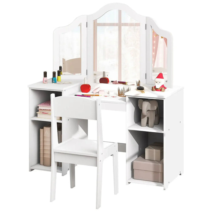 White children's vanity table with mirror and shelves on a white background