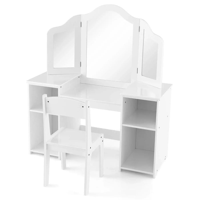 White children's play kitchen set with shelves on a white background