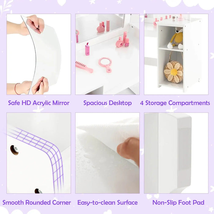 Collage of a white desk with features highlighted on a purple background