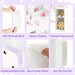 Collage of a white desk with features highlighted on a purple background
