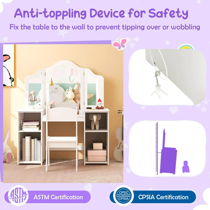 Anti-toppling device for safety with a child's desk and chair setup, featuring ASTM and CPSIA certifications.
