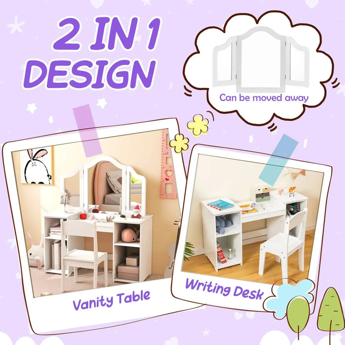 2-in-1 vanity table and writing desk design with a purple background