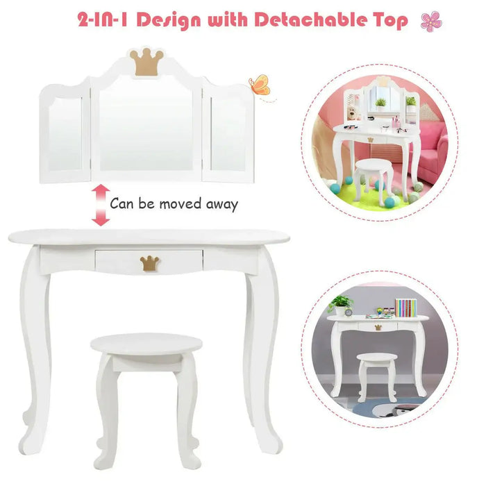 Kids Vanity Table and Chair Set - White | Tri-Folding Mirror and Stool COSTWAY - Little and Giant Explorers Costway