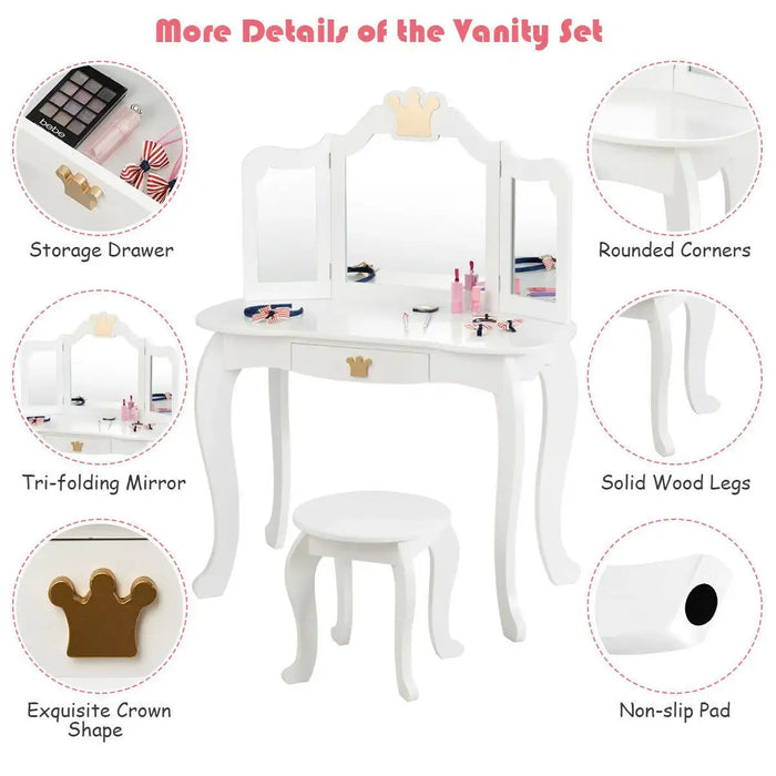Kids Vanity Table and Chair Set - White | Tri-Folding Mirror and Stool COSTWAY - Little and Giant Explorers Costway